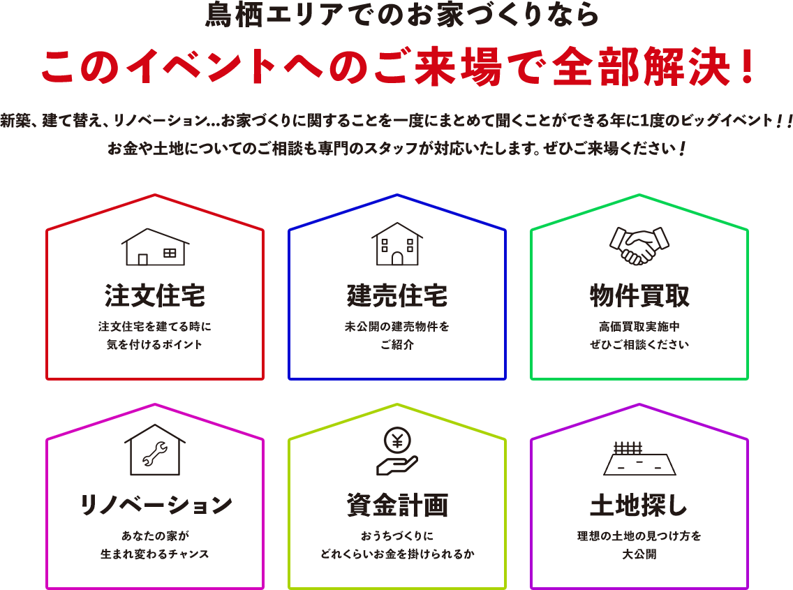 鳥栖エリアでのお家づくりならこのイベントへのご来場で全部解決！ 新築、建て替え、リノベーション...お家づくりに関することを一度にまとめて聞くことができる年に1度のビッグイベント！！ お金や土地についてのご相談も専門のスタッフが対応いたします。ぜひご来場ください！